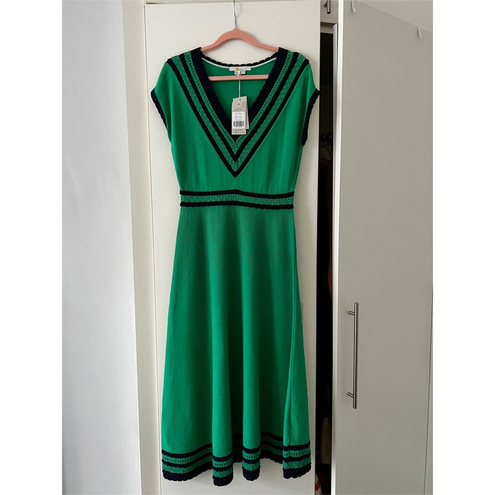 Boden $180 Green Navy V Neck Knitted Cotton Jumper Midi Dress UK6 US2 - Picture 2 of 4